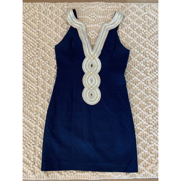 Lilly Pulitzer Valli Shift Dress Navy Blue Gold Preppy Nautical Size 0 - Picture 2 of 6